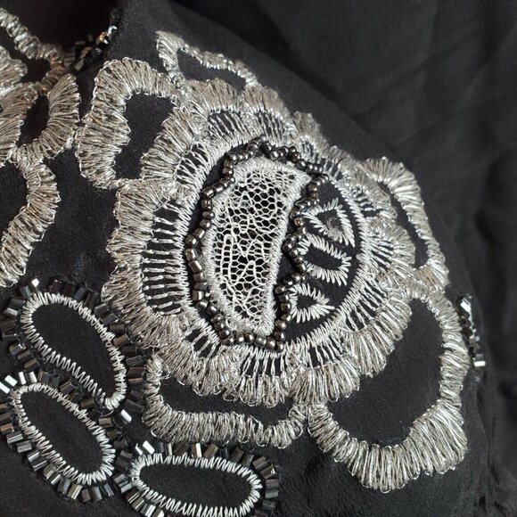 Vintage Cache Blouse Womens Small Silk Black Silver Embroidery Peplum 3/4 Sleeve - Picture 13 of 15